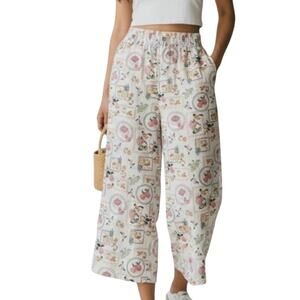 Joie Whimsical Twee Fruit Stamp Print Linen Blend Pull On Wide Leg Crop Pant